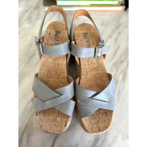 Korks Kalie Light Blue Leather Strappy Cork Platform Sandal - Picture 3 of 11